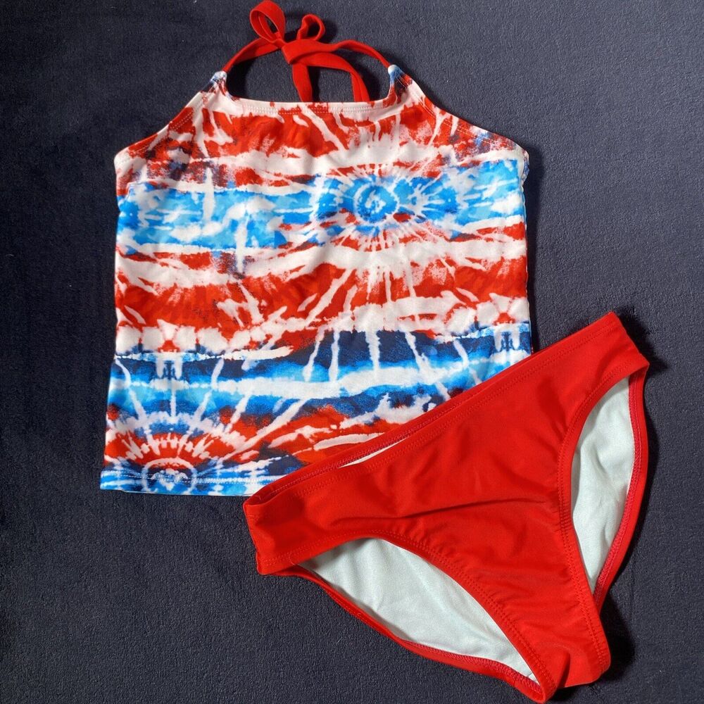 Wonder Nation Girls Tie Dye Red Blue Ruffle Halter Tankini Sz 10/12  EUC